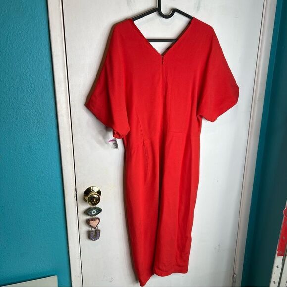 NEW Lewit V-Neck Crepe Midi Dress Short Dolman Sleeve V-Back Solid Light - Picture 5 of 9